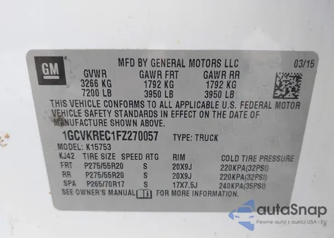 2015 Chevrolet Silverado 1500 1Lt from USA, damaged, VIN 1GCVKREC1FZ270057